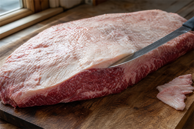 Step 1: a whole packer brisket on a wooden board being trimmed with a boning knife, quar