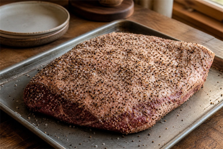 Step 2: a trimmed brisket coated in coarse black pepper and salt dalmatian rub, fat cap 
