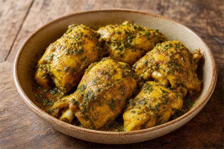 Step 1: bone-in chicken thighs coated in a deep saffron-yellow chermoula paste sitting i