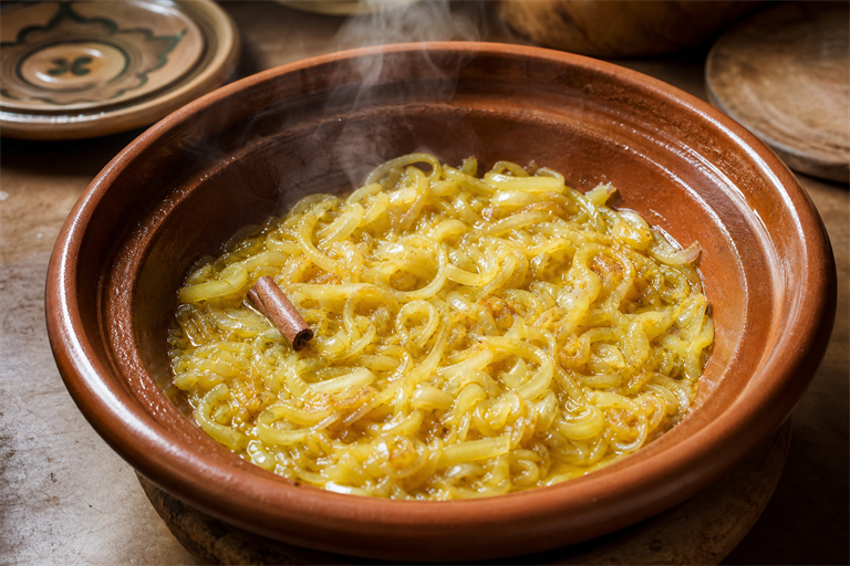 Step 2: thinly sliced yellow onions softening into golden smen in a clay tagine base ove