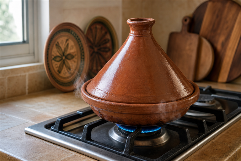 Step 3: a closed clay tagine with conical lid on a gas burner with a tiny blue flame, fa
