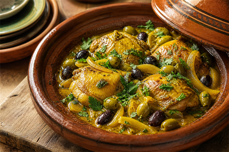 Step 4: a clay tagine with glossy reduced saffron-yellow sauce, chicken thighs, strips o
