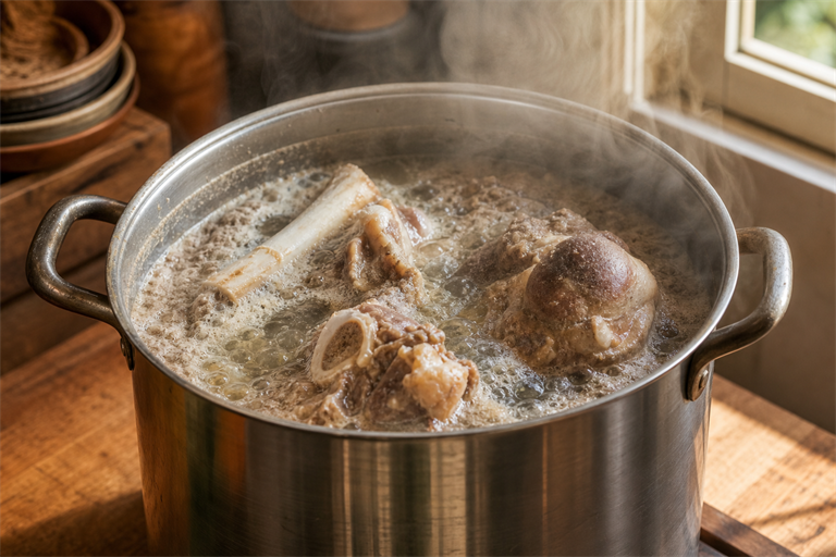 Step 1: beef leg bones and knuckle boiling hard in a tall stockpot, grey scum rising thi