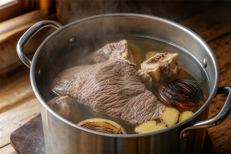 Step 5: a tall stockpot with bones, a whole brisket, and blackened onion and ginger half
