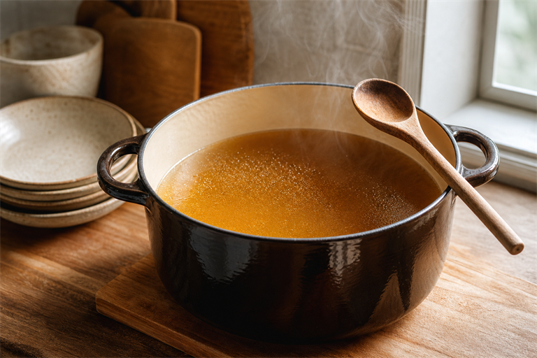 Step 7: a clear amber broth gently steaming in a deep stockpot, surface barely moving, a