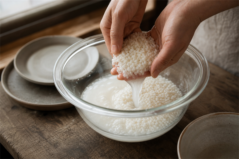 Step 1: a glass bowl of Japanese short-grain rice with cloudy water being poured off thr