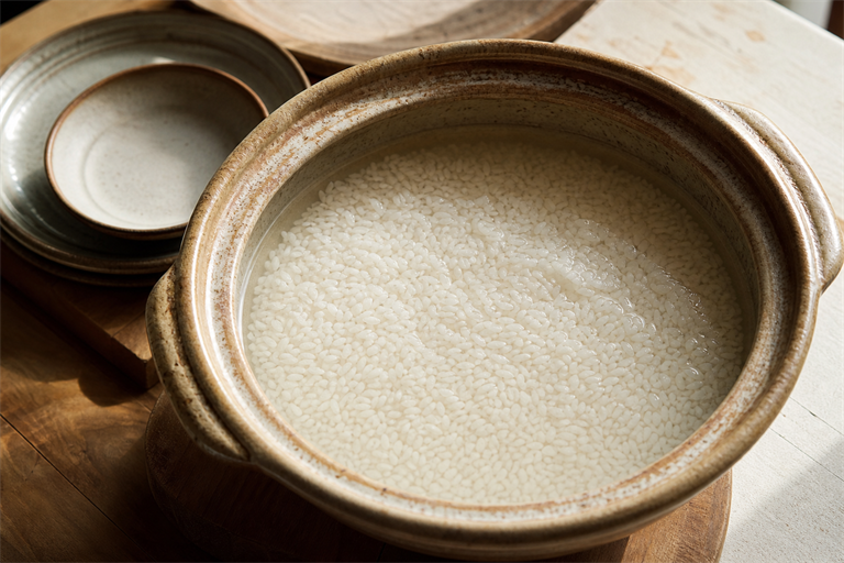 Step 3: rinsed Japanese rice soaking in clear water inside a donabe, grains turning opaq