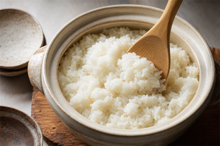 Step 8: fluffy Japanese short-grain rice being cut and folded with a wooden shamoji insi