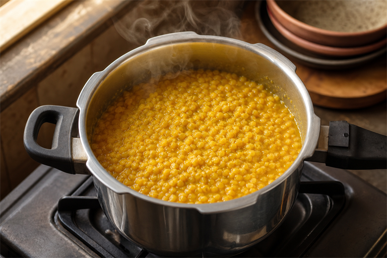 Step 2: a stovetop pressure cooker open on a gas burner showing golden cooked toor and m