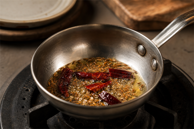 Step 6: a small steel tadka pan with whole cumin seeds crackling in golden ghee, broken