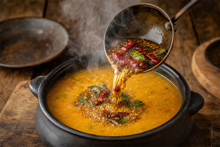 Step 9: a ladle of screaming-hot ghee tadka with red chiles and curry leaves being poure