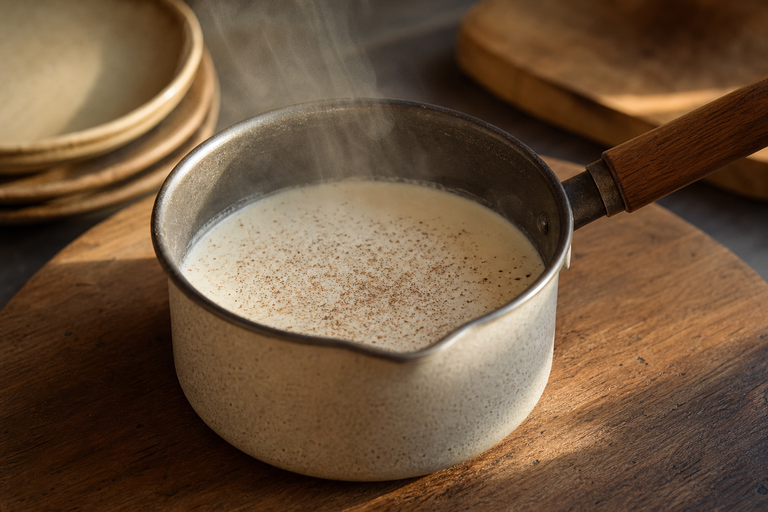 Step 3: warm cream and milk in a small saucepan with flecks of nutmeg floating on top, g