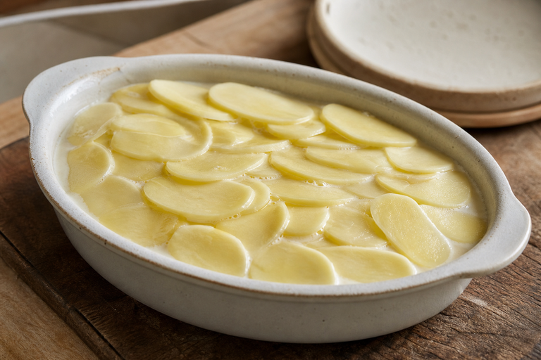Step 5: layered raw potato slices in a ceramic gratin dish with warm cream poured to jus