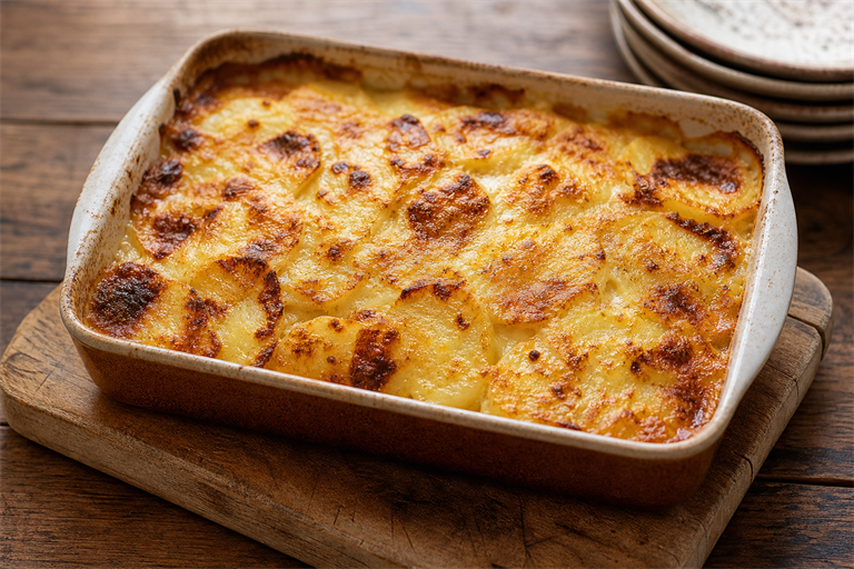Step 6: finished gratin dauphinois in a ceramic dish with a deeply golden bubbled top ju
