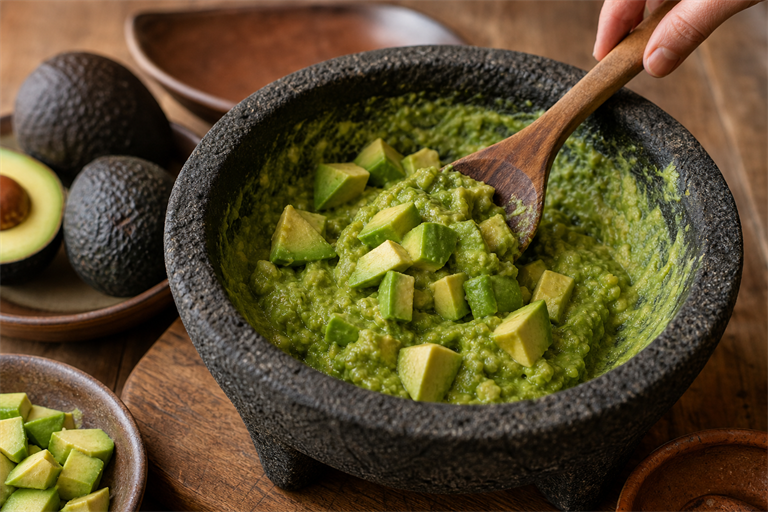 Step 3: hass avocado chunks being folded into a green base paste inside a dark molcajete