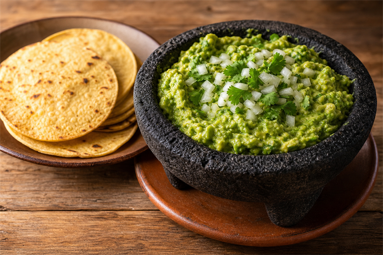 Step 4: finished chunky guacamole in a dark molcajete topped with extra chopped white on