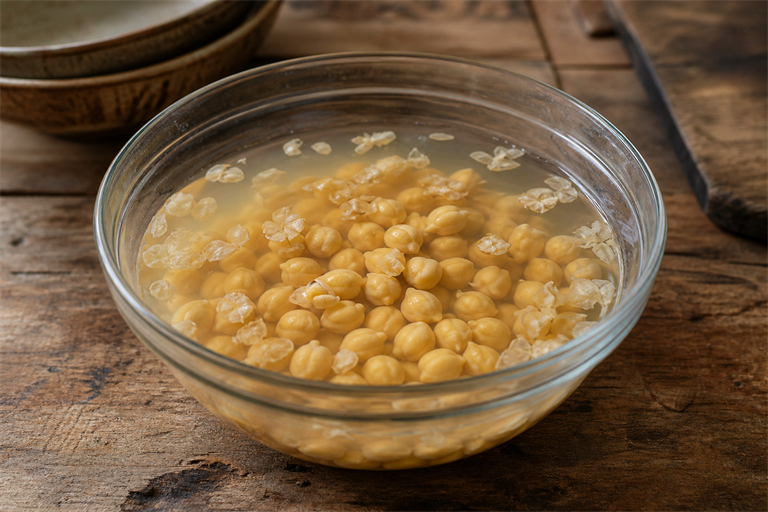 Step 1: soaked chickpeas in a clear glass bowl with cloudy water and loosened skins floa