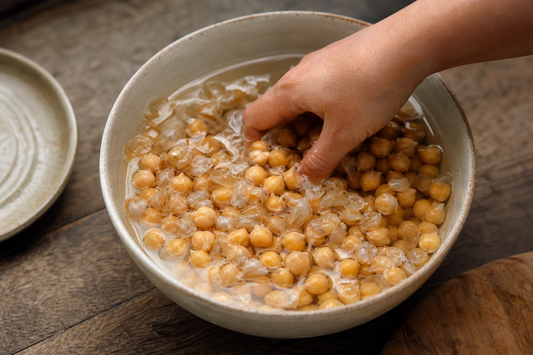 Step 3: warm chickpeas in a bowl of cool water with translucent skins floating on the su