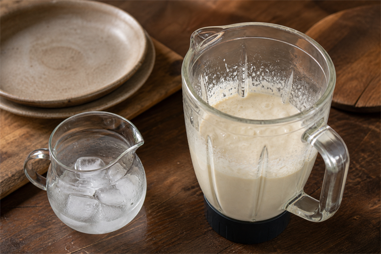 Step 5: a blender jar with pale glossy whipped tahini-lemon base, ice cubes melting in a