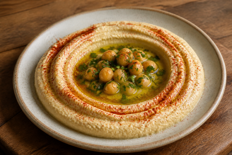 Step 7: a shallow ceramic plate with pale hummus shaped into a deep spiral well filled w