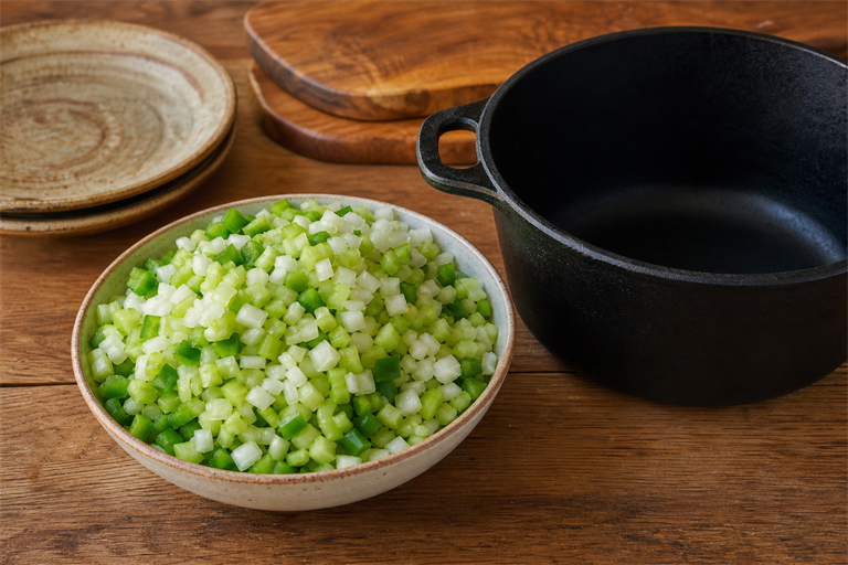Step 1: a single ceramic bowl heaped with finely diced yellow onion, green bell pepper,