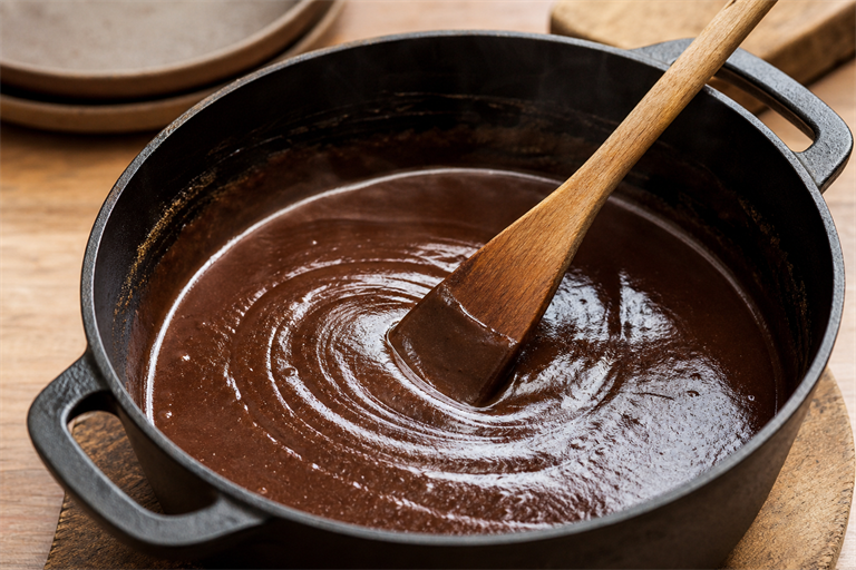 Step 4: a deep chocolate-brown roux being stirred in a black cast iron Dutch oven, a fla