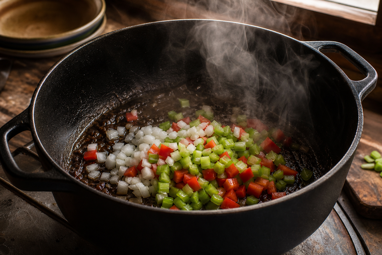 Step 6: the holy trinity of onion celery and bell pepper hissing on contact with very da