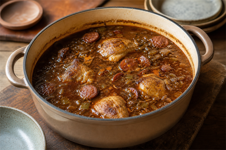 Step 9: a deep mahogany gumbo simmering gently in a Dutch oven with chicken thighs and s