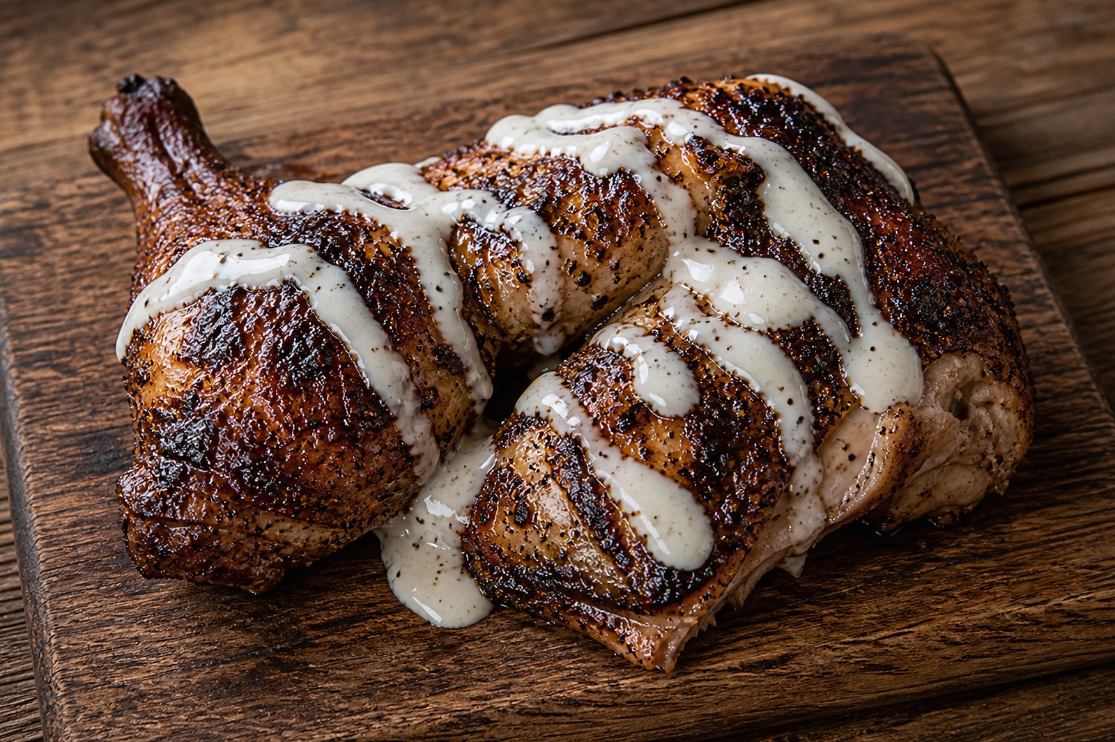 Alabama smoked chicken drizzled with tangy white barbecue sauce