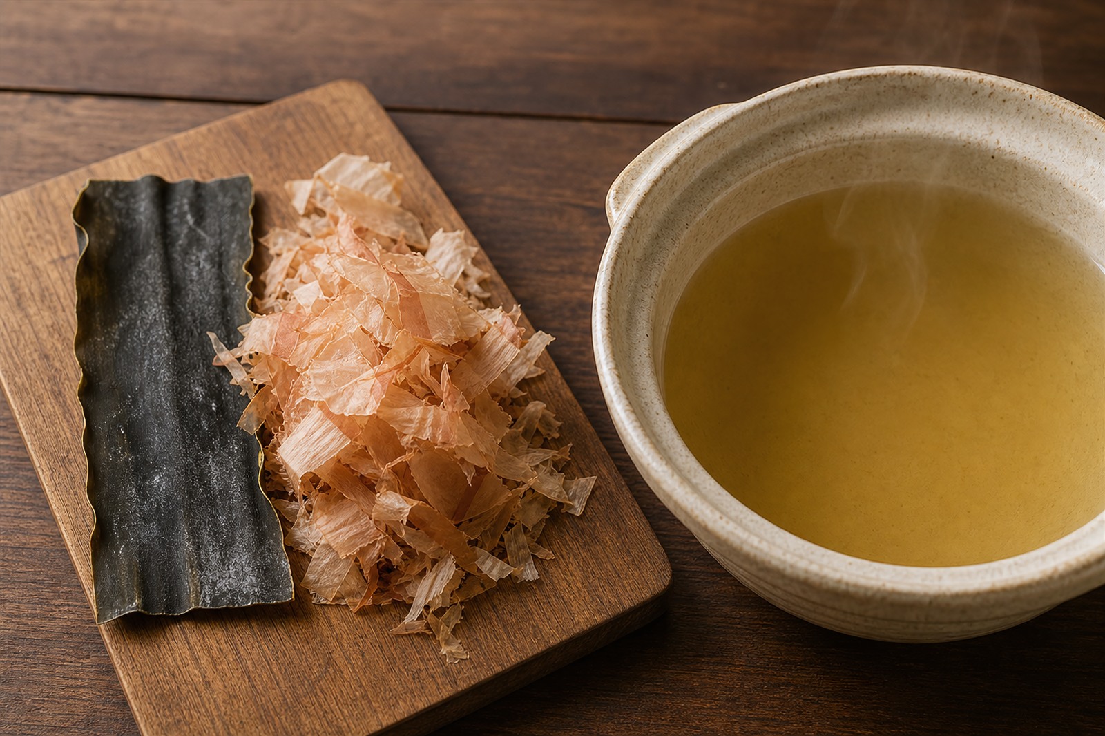 Dried kombu kelp and katsuobushi flakes beside a pot of clear golden awase dashi