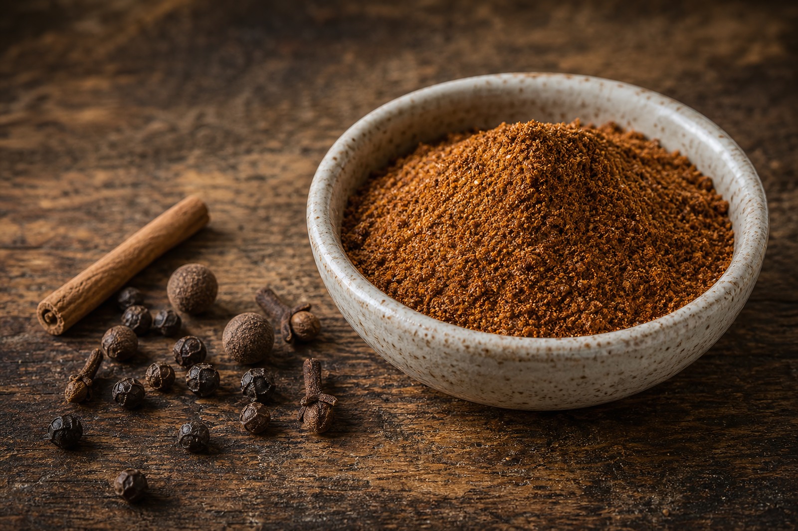A bowl of baharat, the warm reddish-brown Middle Eastern meat blend, with peppercorns, cinnamon and cloves