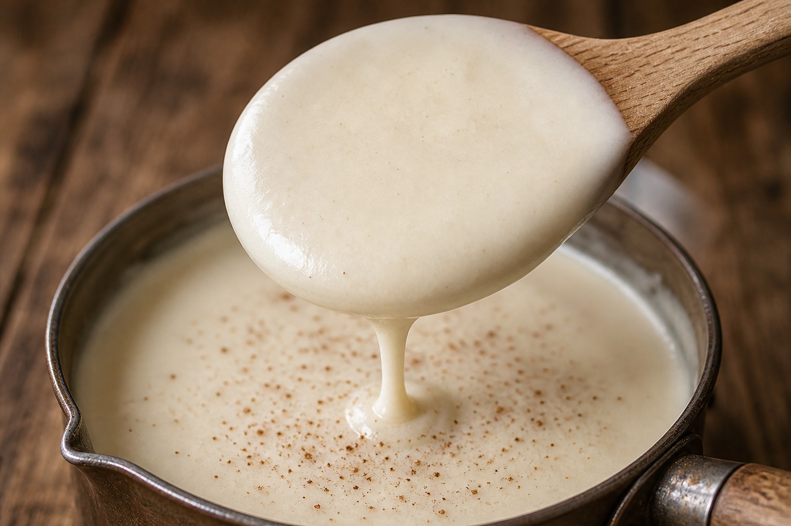 Silky white bechamel coating the back of a wooden spoon over a saucepan, dusted with fresh nutmeg