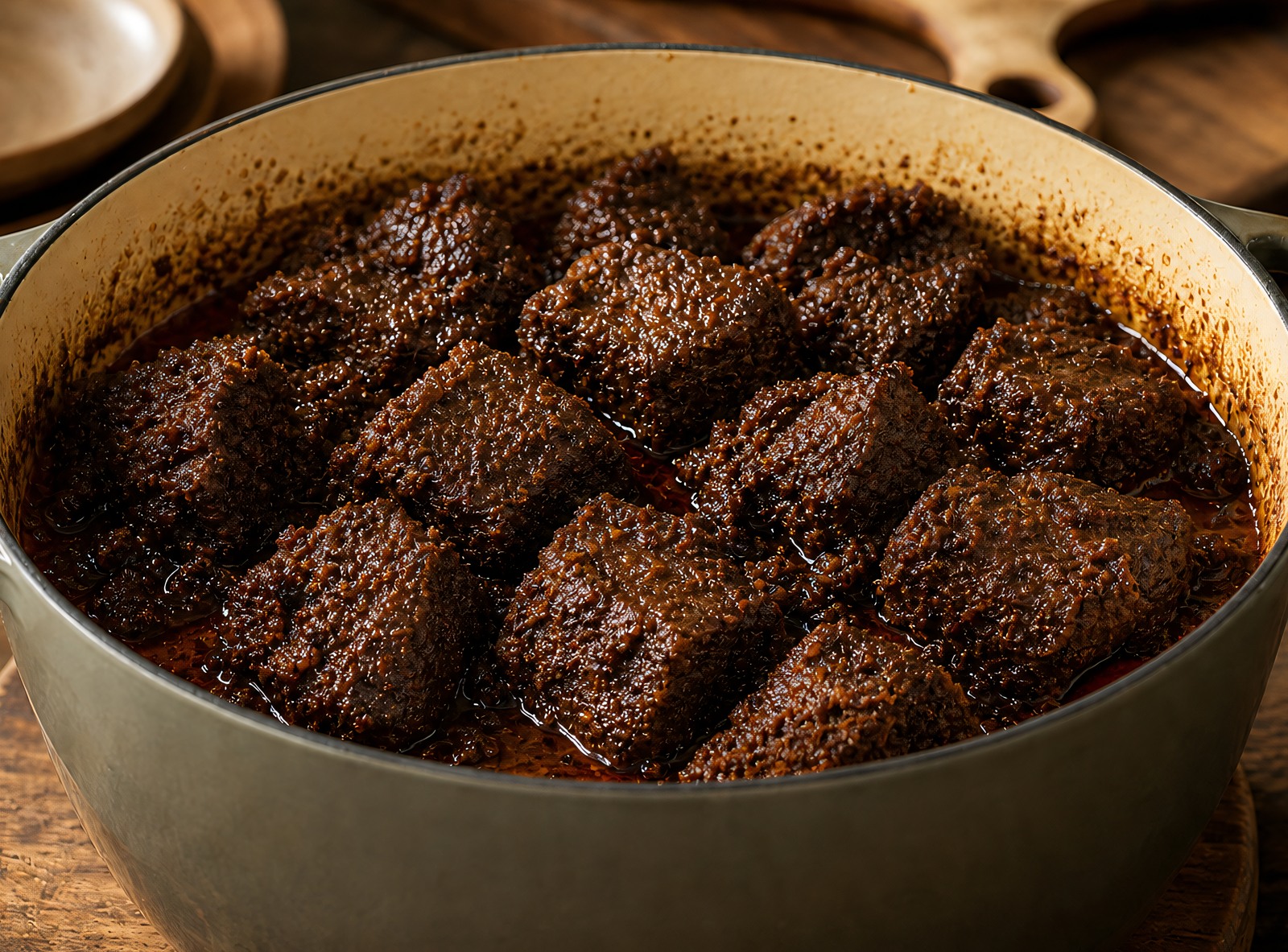 Stage three rendang, the oil break: beef cubes in a dark mahogany spice crust with coconut oil separated and pooling in the pot