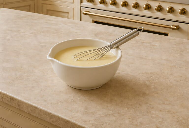 Finished beurre blanc, a glossy pale-ivory French butter sauce, in a white saucier with a whisk