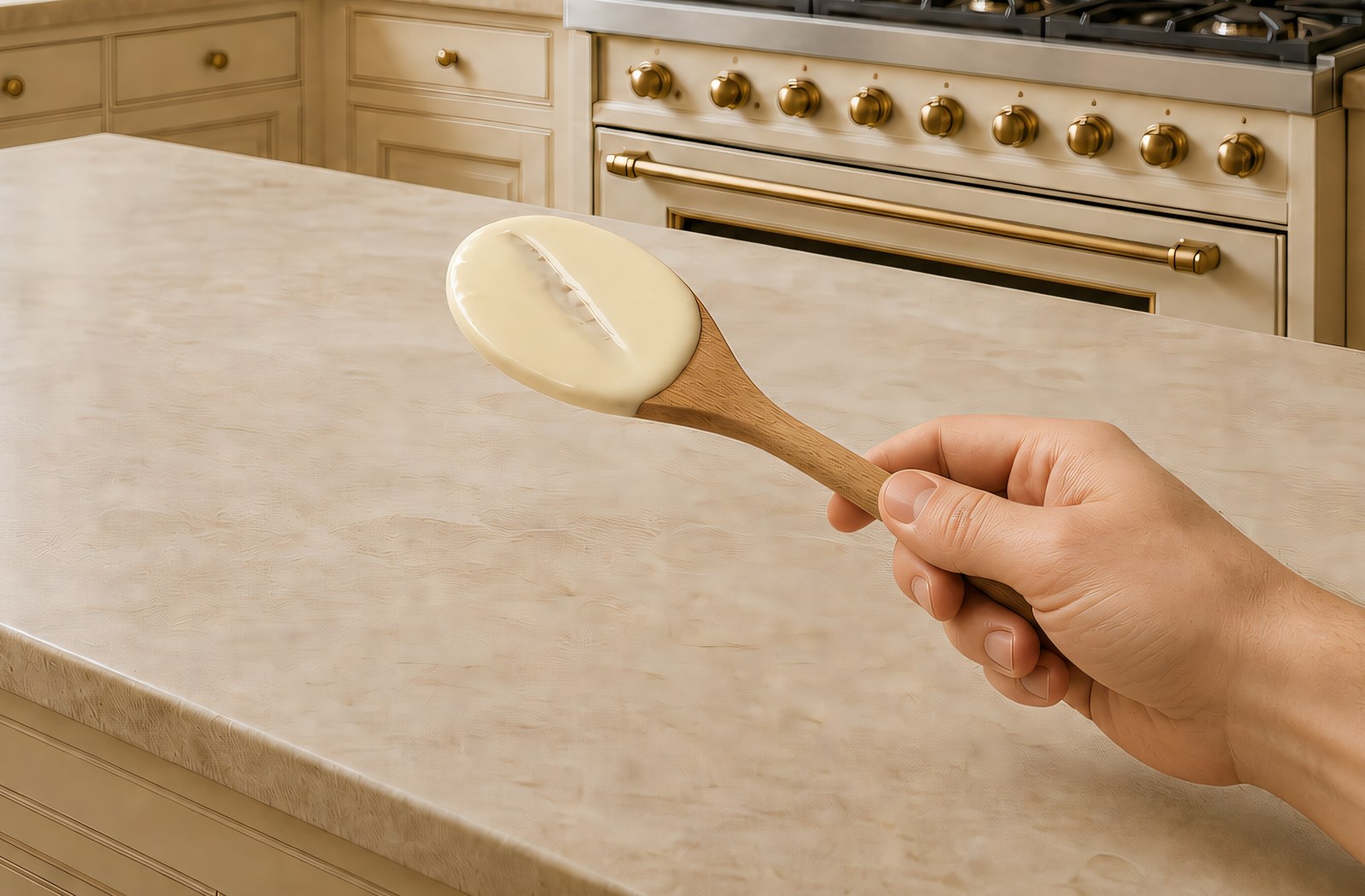 Step 6: finished beurre blanc coating the back of a wooden spoon, pale ivory colour, sat