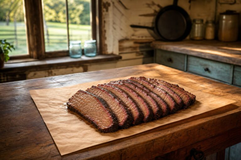 Sliced smoked beef brisket showing a deep mahogany bark and a pink smoke ring, fanned on butcher paper