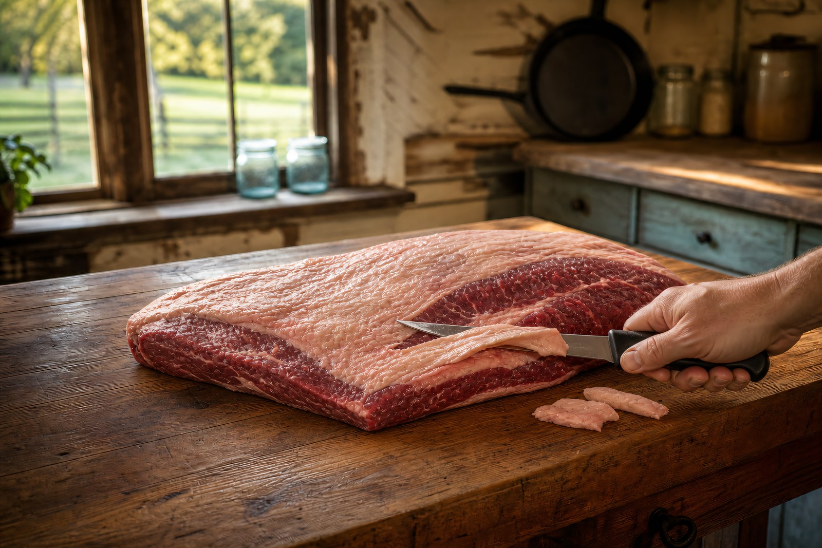 Step 1: a whole packer brisket on a wooden board being trimmed with a boning knife, quar