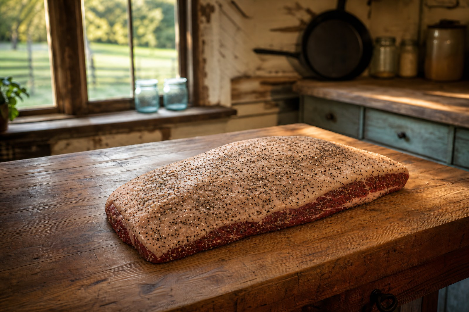 Step 2: a trimmed brisket coated in coarse black pepper and salt dalmatian rub, fat cap