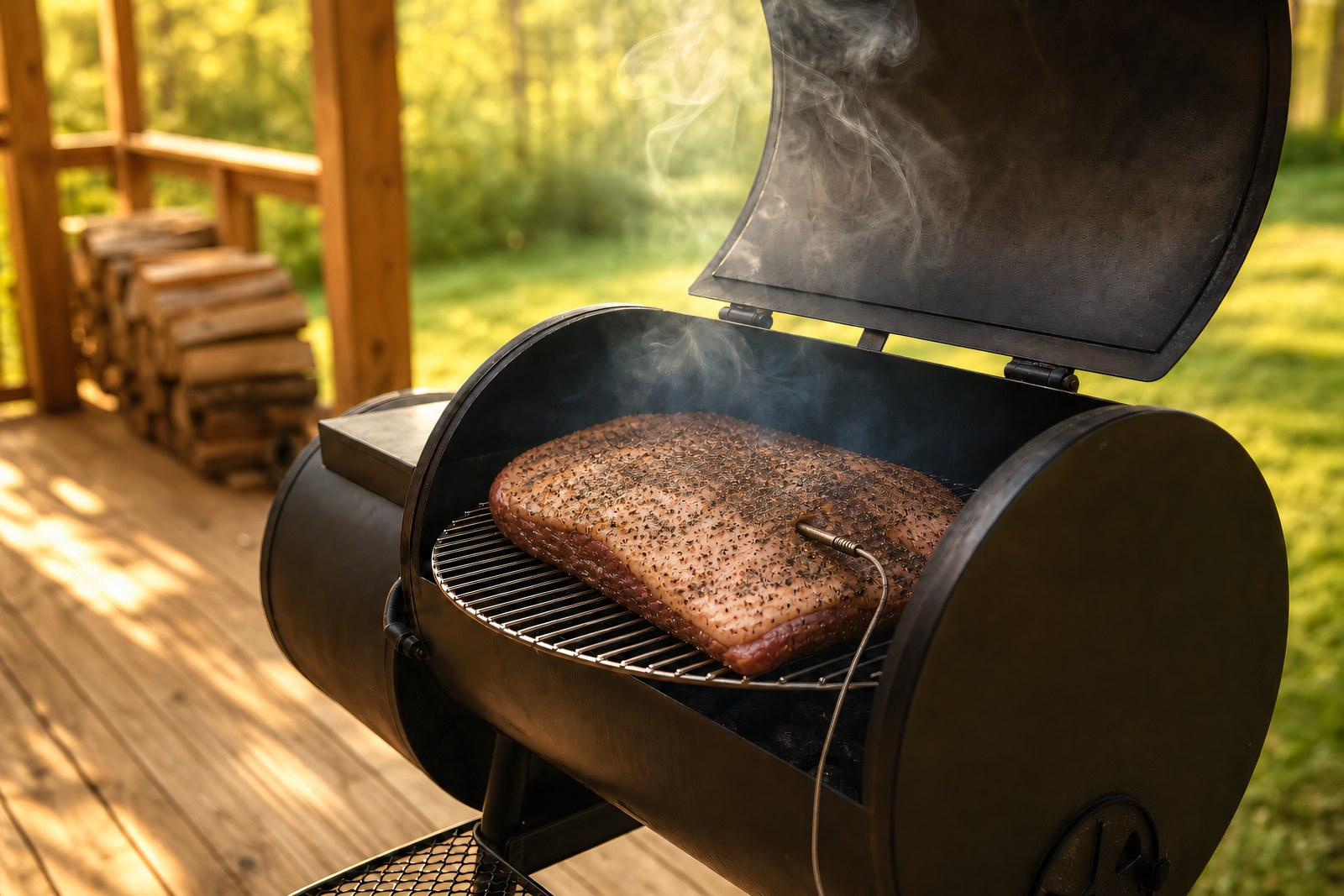 Step 4: a seasoned brisket on the grate of a smoker with thin blue smoke curling, probe