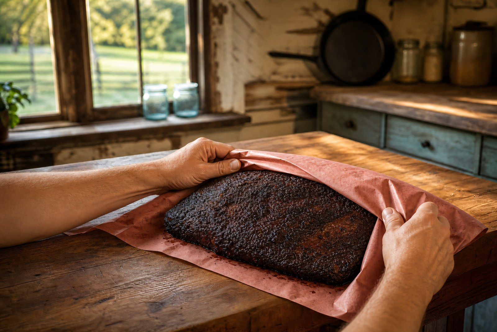 Step 7: a brisket being wrapped in pink butcher paper on a wooden table, dark bark visib