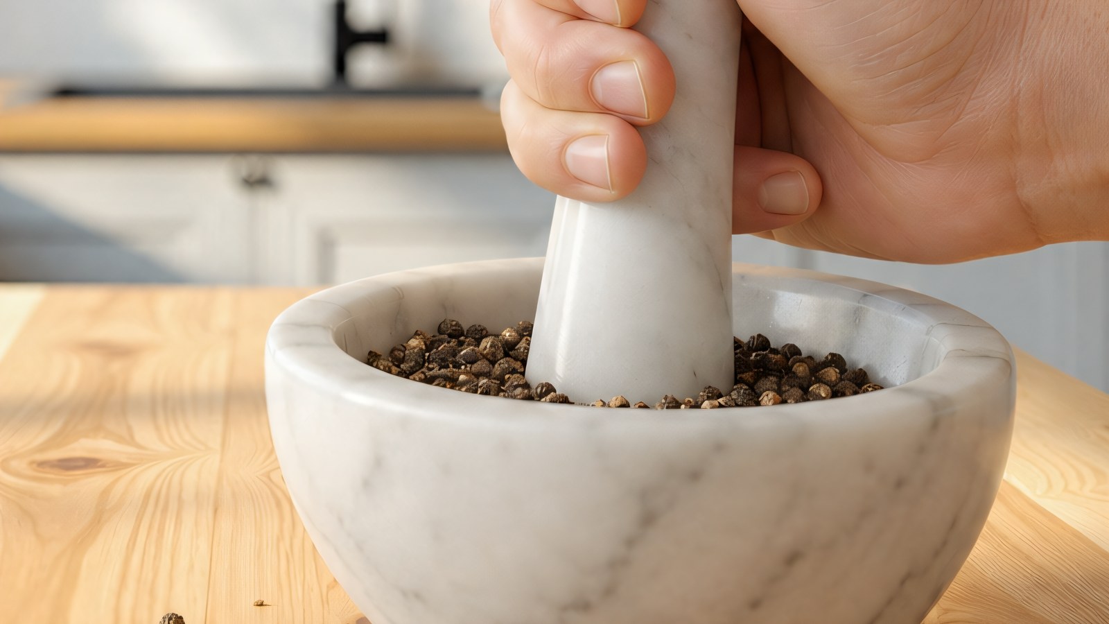 Step 1: freshly toasted black peppercorns being coarsely crushed in a marble mortar and pestle