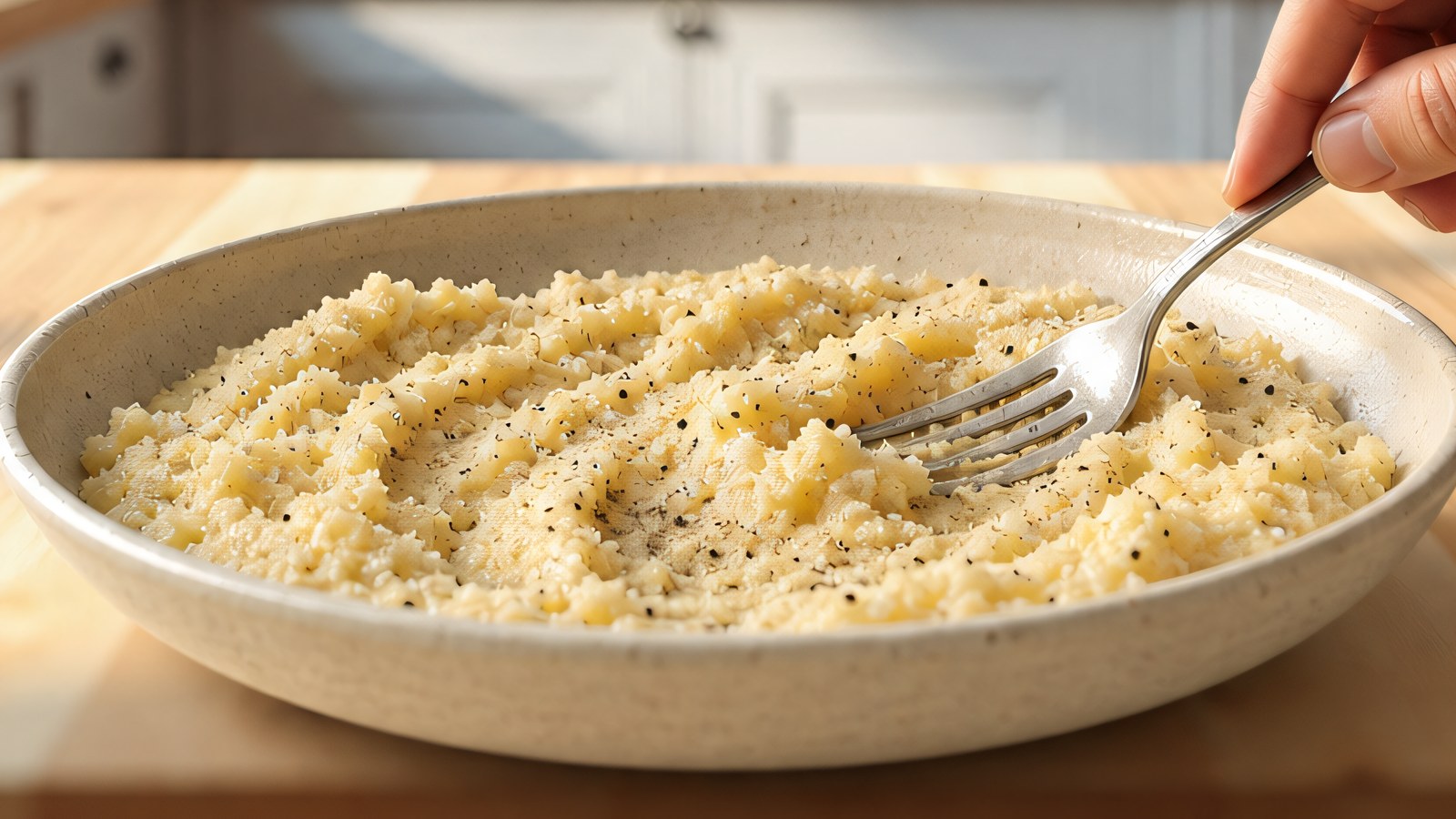 Step 3: a wide ceramic bowl holding a thick pale yellow pecorino paste being stirred with a fork