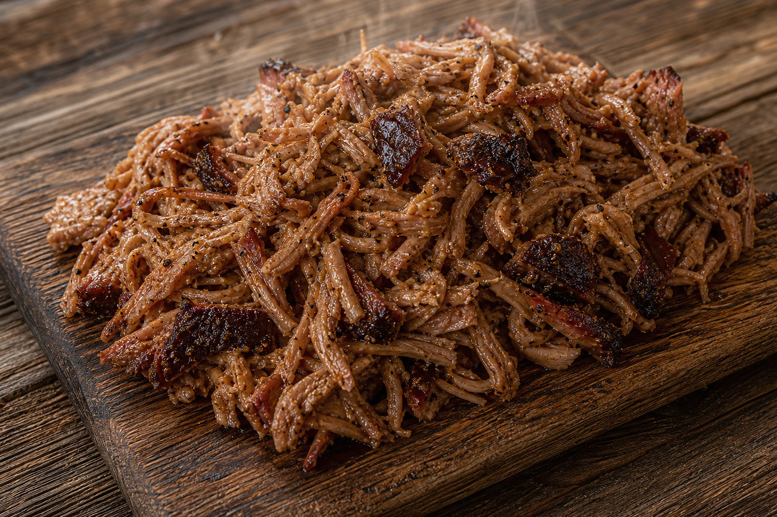 Carolina whole-hog pulled pork with vinegar sauce and bark bits