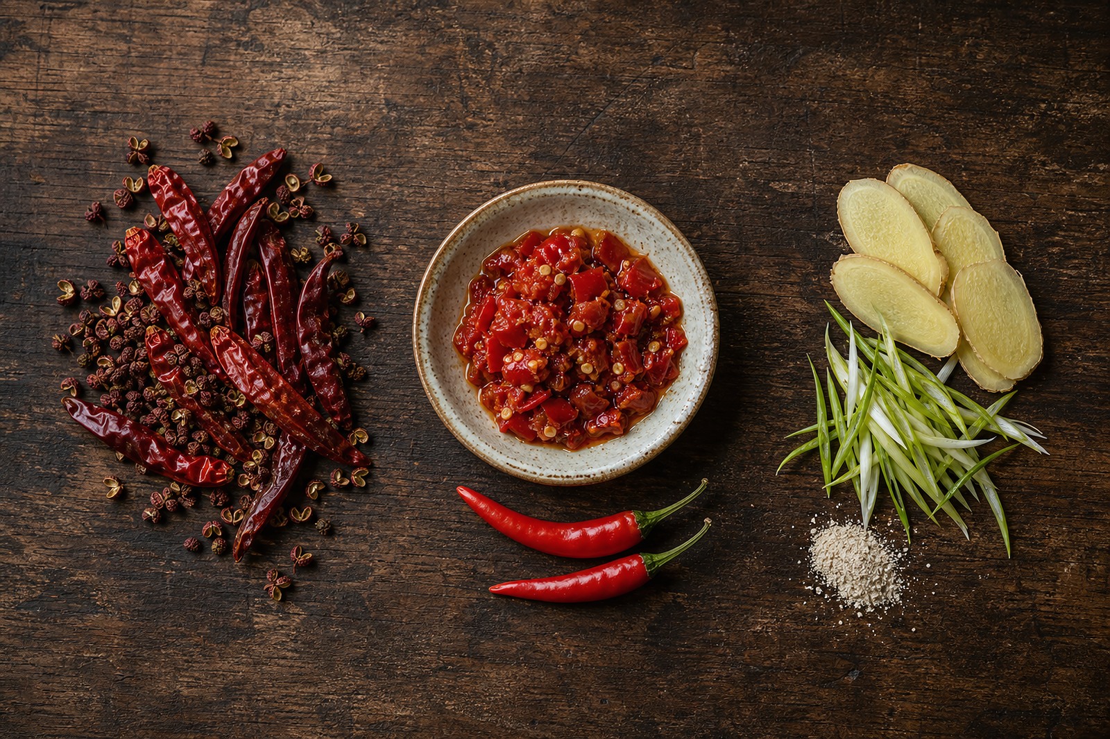 Three kinds of Chinese heat compared: Sichuan chilies and peppercorns, Hunan chopped chili, and Cantonese ginger and scallion