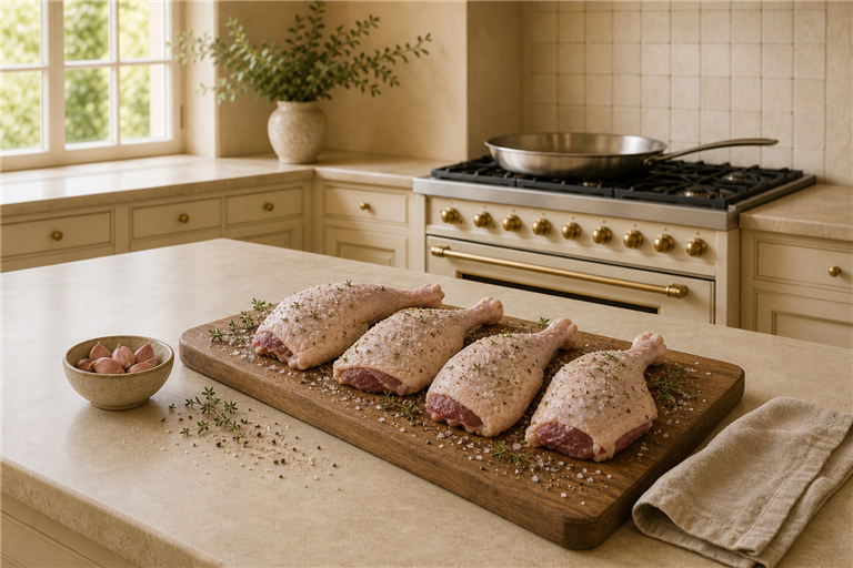overhead close-up of four raw duck legs on a wooden board generously rubbed with coarse sea salt, th