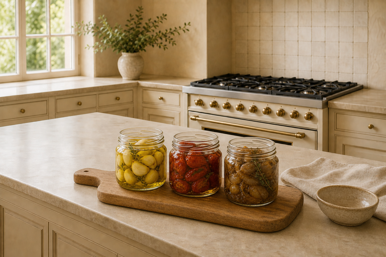three small glass jars on a wooden board, one filled with whole peeled garlic cloves in golden olive