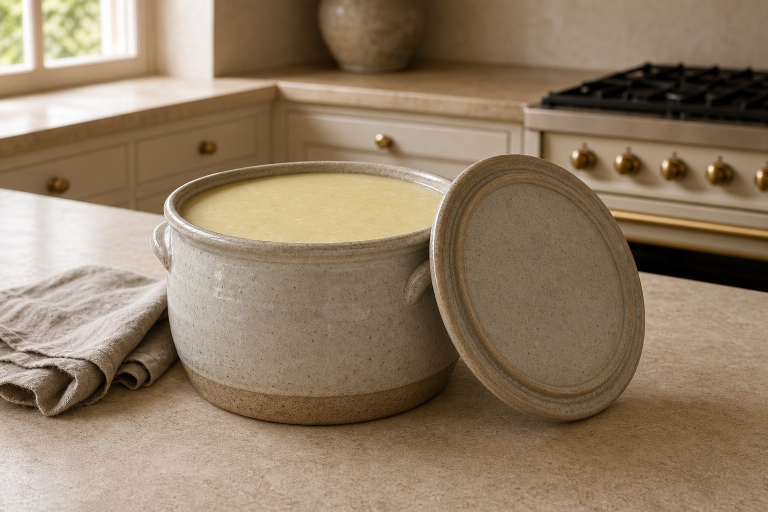 A stoneware crock of duck legs sealed under solid pale duck fat, its matching lid propped alongside