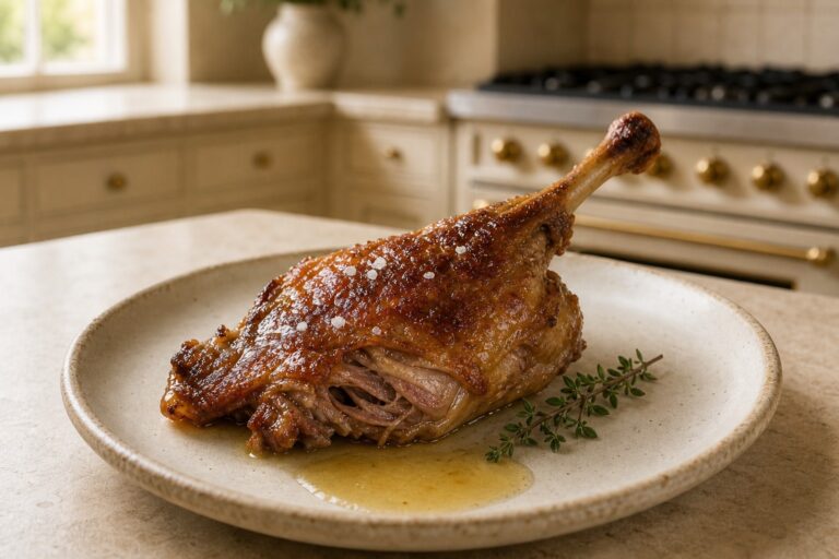 A crisp-skinned duck leg confit on a ceramic plate with sea salt and thyme