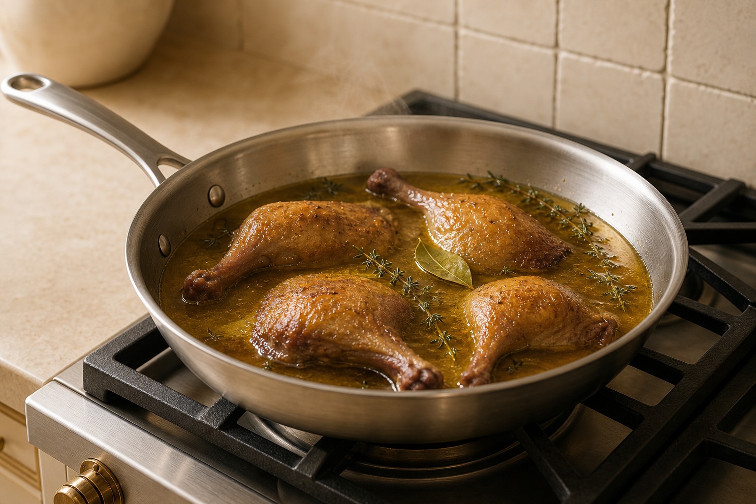 A stainless skillet of duck legs poaching in golden duck fat on a cream range
