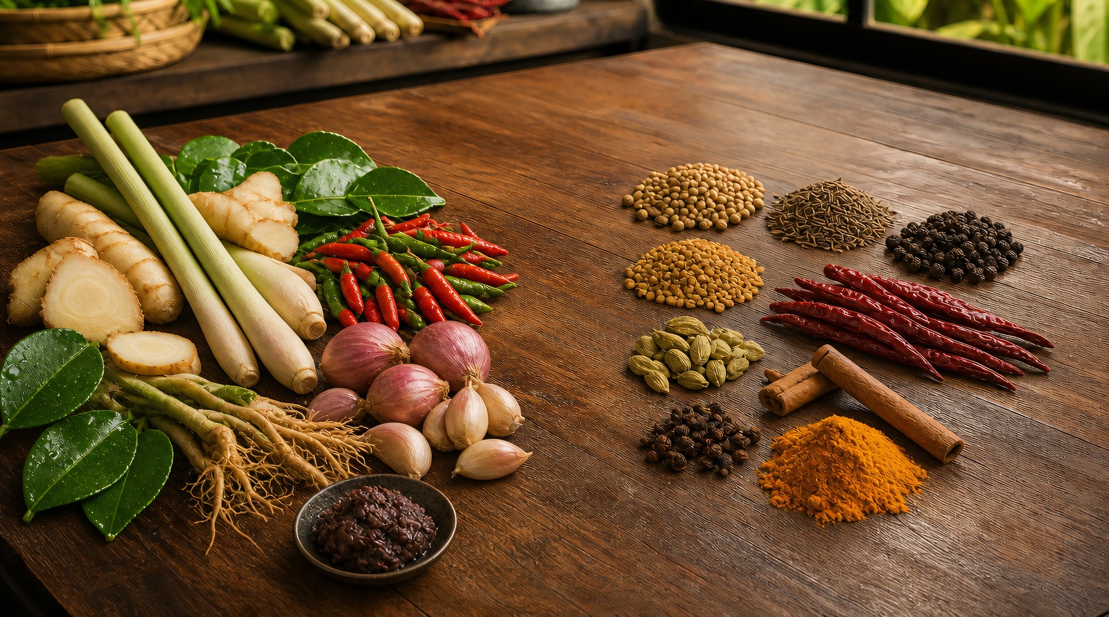 Wet fresh Southeast Asian aromatics on the left versus dry whole South Asian spices on the right, laid out on a wooden counter